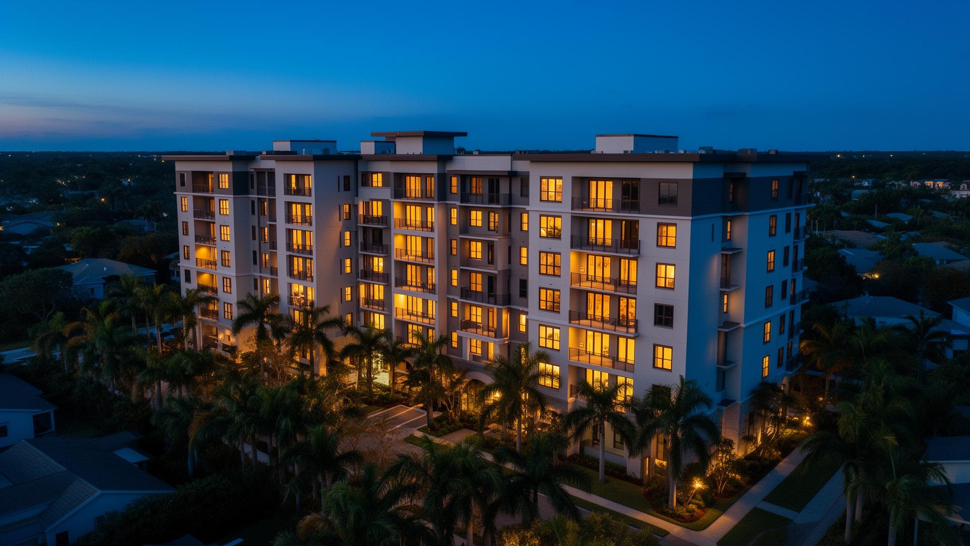 Modern multifamily apartment building at twilight financed by a DSCR loan